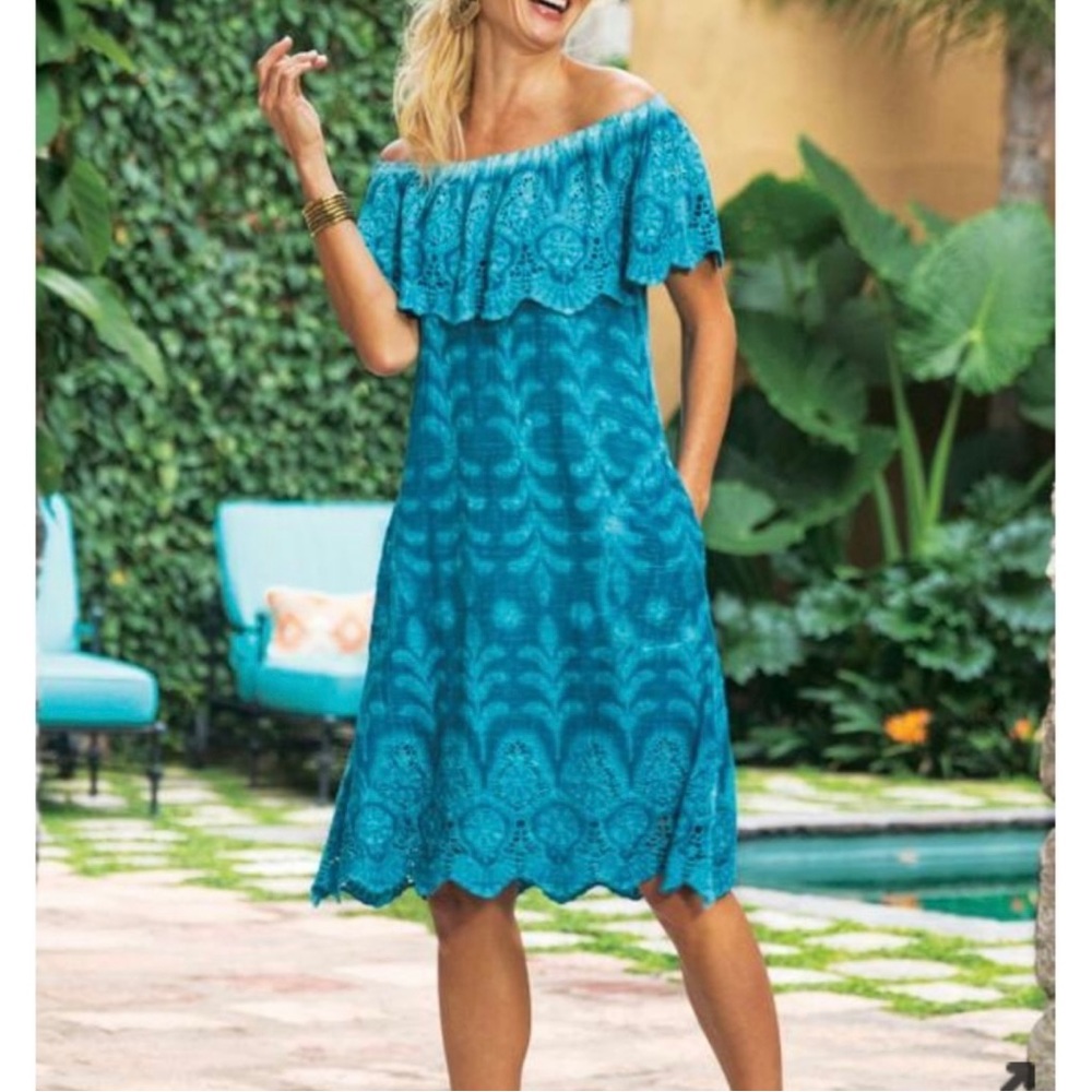 Soft surroundings señorita blue tie dye eyelet crochet off shoulder midi dress